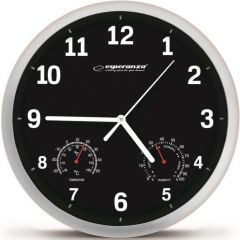 Clock Wall Esperanza LYON  EHC016K BLACK,  25 cm, plastic frame, Quiet movement, hook for easy installation, Measurements: temperature and humidity, P