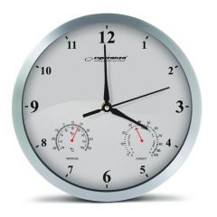 Clock Wall Esperanza LYON  EHC016W WHITE,  25 cm, plastic frame, Quiet movement, hook for easy installation, Measurements: temperature and humidity, P
