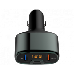 USB Car Charger - Tellur, CCY4 2xUSB (QC 3.0 + 2.4A), Type-C (2.4A), aluminium alloy, displays voltage, Black  TLL151171