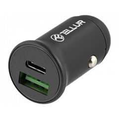 USB Car Charger - Tellur FCC7 2xDC 12-24V, 1xUSB Type-A QC 3.0, 1 xUSB Type-C PD, PD60W, QC30W, Aluminium, Black TLL151251