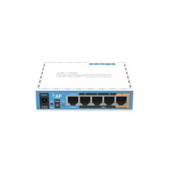MikroTik RouterBOARD hAP,  Wireless Router, 2.4GHz Dual chain, AP/Bridge/Station/WDS, 802.11b/g/n, 1 WAN + 4 LAN, USB port for 3G/4G modem, internal antenna, Wireless chip model QCA9531 650MHz, RAM 64MB, PoE in, PoE out (Ether5), RouterOS