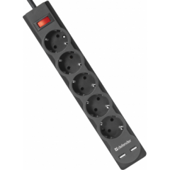 Prelungitor cu protectie Defender DFS755, black, 5.0 m, 5 sockets, 2 x USB