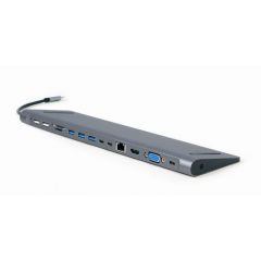 Адаптер 9-in-1 Gembird A-CM-COMBO9-01 / USB hub, 4K HDMI and Full HD VGA video, stereo audio, Gigabit LAN port, card reader and USB Type-C PD charge support
