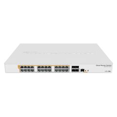Cloud Router Switch 328-24P-4S+RM with 800 MHz CPU, 512MB RAM, 24xGigabit LAN (all PoE-out), 4xSFP+ cages, RouterOS L5 or SwitchOS (dual boot), 1U rackmount case, 500W built-in PSU