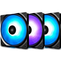 120mm Case Fan (3pcs) - DEEPCOOL "RF120-3in1" 3x RGB LED Fans, Customizable RGB LED Lighting, Two-way Control (Cable Controller & software control), 120x120x25mm, 500-1500rpm, <17.8~27dBa, 56.5CFM, Hydro Bearing, 4Pin, PWM, 12V RGB 4-pin port