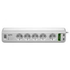 Surge Protector  APC Essential PM5U-RS, 5 Sockets CEE 7 Schuko + 2 USB 5V, 2,4A, 230V, Input power 2300W, Max Input Current 10A, Peak Current 24.0 kA, Surge energy rating 918 joules, 1.83m, White