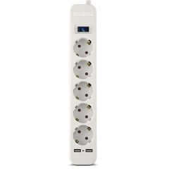 Surge Protector SVEN SF-05LU, 5 Sockets + 2 USB (2,4 A) , 3.0m, White,