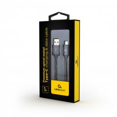 Cable USB2.0/Type-C - 1m - Cablexpert CC-USB2S-AMCM-1M-BG, Premium spiral metal Type-C USB charging and data cable, USB 2.0 A-plug to type-C plug, up to 480 Mb/s, cotton braided, blister, grey