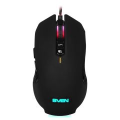 SVEN RX-G955 Gaming, Optical Mouse, 600-4000 dpi, 7+1 buttons (scroll wheel),  DPI switching modes, Two navigation buttons (Forward and Back), RGB backlight, Soft Touch coating, USB, Black