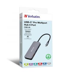 Многопортовый Адаптер Verbatim CMH-09/ USB-С/ 2xUSB-A 3.2/ 1xUSB-A 3.2(Gen 2)/ 2xUSB-C 3.2(Gen 2)/ HDMI/ RJ45/ SD/ microSD