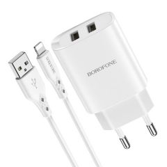 Настенное зарядное устройство Borofone с возможностью подключения USB к Lightning BN2 2xUSB 2.1A, белый