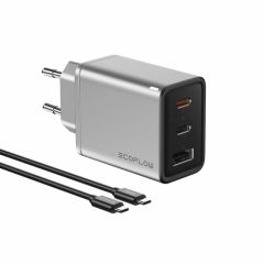EcoFlow RAPID 65W GaN Charger with 100W Cable 1m, 2*USB-C ports and 1*USB-A port, charge 3 devices at the same time, Triple Port Output USB-C1 Up to 45W / C2+A 15W Combined, silver