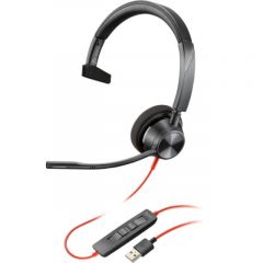 Poly Blackwire 3310 Mono USB-A Headset, Microphone noise-canceling, SoundGuard, DSP, Receive output from 20 Hz–20 kHz, Microphone 100 Hz–10 kHz, Call answer/ignore/end/hold, redial, mute, volume +/-, OEM, CABLE LENGTH 218cm, 102g