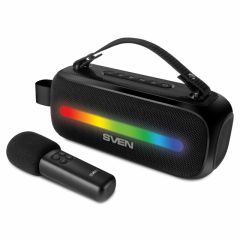 SVEN PS-255 Black, Bluetooth Portable Speaker with wireless microphone, 12W RMS (2x6W), Dynamic switchable RGB backlight, FM tuner, USB, Li-Ion battery: 3.7V, 3600mAh (13.32Wh) / USB Type-C: DC 5 V, 1.2 kg, black