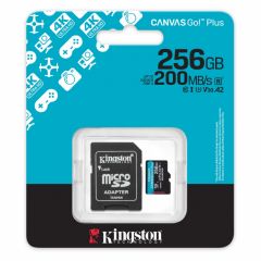 256GB microSD Class10 A2 UHS-I U3 (V30) Kingston Canvas Go Plus Gen 4 + SD Adapter, Ultimate, up to 200Mb/s, Ideal for Android mobile devices, action cams, drones and 4K video production