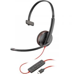 Poly Blackwire 3210 Monaural USB-C Headset, Microphone noise-canceling, SoundGuard, DSP, Receive output from 20 Hz–20 kHz, Microphone 100 Hz–10 kHz, Call answer/ignore/end/hold, redial, mute, volume +/-, OEM, CABLE LENGTH 1610mm