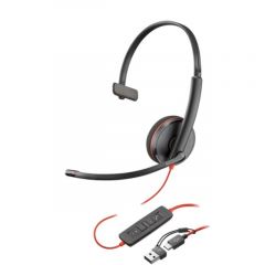 Poly Blackwire 3210 Monaural USB-C Headset (Bulk), Microphone noise-canceling, SoundGuard, DSP, Receive output from 20 Hz–20 kHz, Microphone 100 Hz–10 kHz, Call answer/ignore/end/hold, redial, mute, volume +/-, OEM, CABLE LENGTH 1610mm