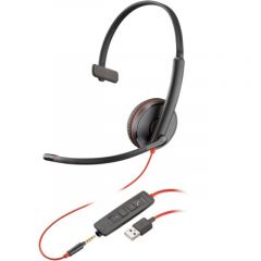 Poly Blackwire 3215 Monaural USB-A Headset (Bulk), Microphone noise-canceling, SoundGuard, DSP, Receive output from 20 Hz–20 kHz, Microphone 100 Hz–10 kHz, Call answer/ignore/end/hold, redial, mute, volume +/-, OEM, CABLE LENGTH 1610mm