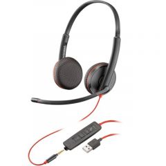 Poly Blackwire 3225 Stereo USB-A Headset +3.5mm Plug (Bulk), Microphone noise-canceling, SoundGuard, DSP, Receive output from 20 Hz–20 kHz, Microphone 100 Hz–10 kHz, Call answer/ignore/end/hold, redial, mute, volume +/-, OEM, CABLE LENGTH 227cm