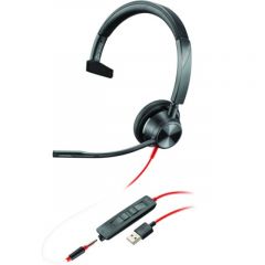 Poly Blackwire 3315 Mono USB-A Headset, 3.5 mm, Microphone noise-canceling, SoundGuard, DSP, Receive output from 80 Hz–20 kHz, Microphone 100 Hz–10 kHz, Call answer/ignore/end/hold, redial, mute, volume +/-, CABLE LENGTH 215cm, 102g