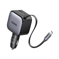 UGREEN CAR CHARGER 1*TYPE-C+1*USB-A WITH TYPE-C CABLE, RETRACTABLE, 90W, GREY | EC603