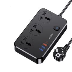 JOKADE JB058 3-OUTLET UNIVERSAL SOCKET WITH 1C3A USB PORTS (EU PLUG), BLACK