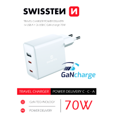 UNIVERSAL HOME CHARGER SWISSTEN GAN 2X USB-C + 1X USB 70W WHITE