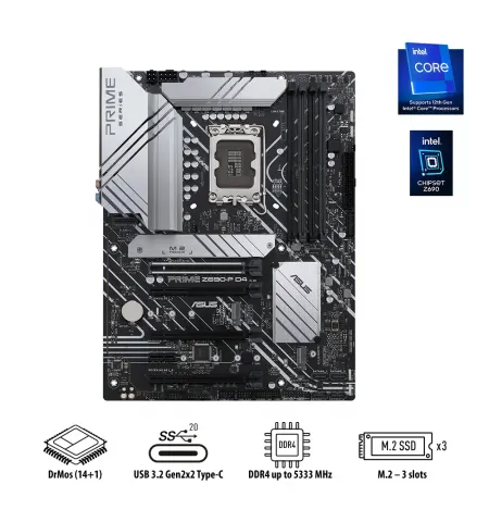 Placa de baza ASUS PRIME Z690-P D4, LGA1700, Intel Z690, ATX