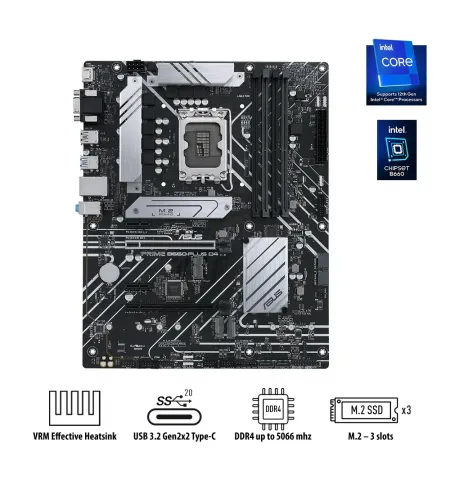 Placa de baza ASUS PRIME B660-PLUS D4, LGA1700, Intel B660, ATX