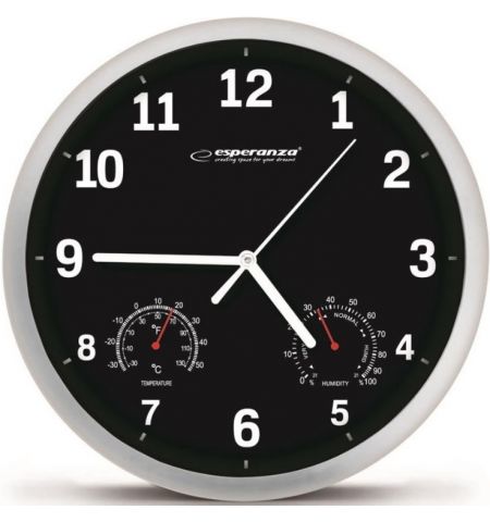 Clock Wall Esperanza LYON  EHC016K BLACK,  25 cm, plastic frame, Quiet movement, hook for easy installation, Measurements: temperature and humidity, P