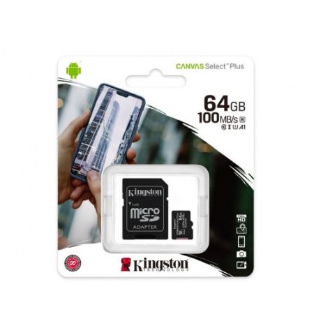 64GB Kingston microSD Class10 UHS-I  U1 V10  A1 + SD adapter Canvas Select Plus, Up to: 100MB/s
