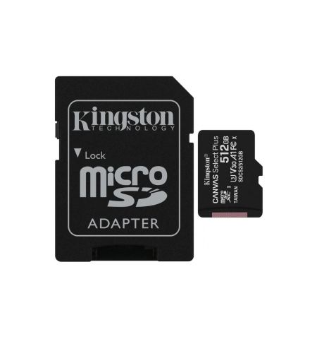 512GB Kingston microSD Class10 UHS-I  U1 V10  A1 + SD adapter Canvas Select Plus, Up to: 100MB/s