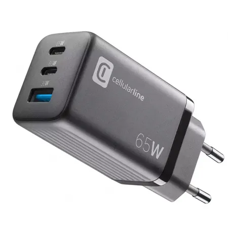 Зарядное устройство Cellularline Wall Charger GAN, 3 Ports, 65W, 65Вт, Чёрный