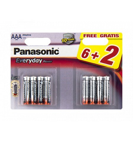 8008 Baterie Panasonic Alkaline Everyday, AAA Blister x 6 + 2 GRATIS,  LR03REE/8B2F