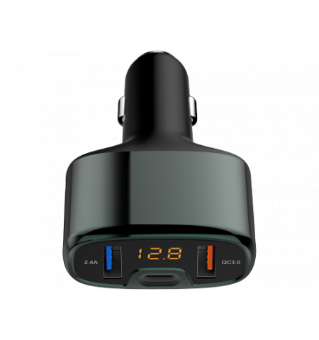 USB Car Charger - Tellur, CCY4 2xUSB (QC 3.0 + 2.4A), Type-C (2.4A), aluminium alloy, displays voltage, Black  TLL151171