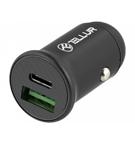 USB Car Charger - Tellur FCC7 2xDC 12-24V, 1xUSB Type-A QC 3.0, 1 xUSB Type-C PD, PD60W, QC30W, Aluminium, Black TLL151251