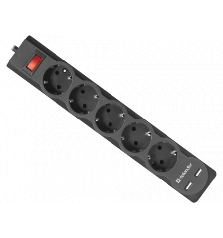 Prelungitor cu protectie Defender DFS751, black, 1.8 m, 5 sockets, 2 x USB