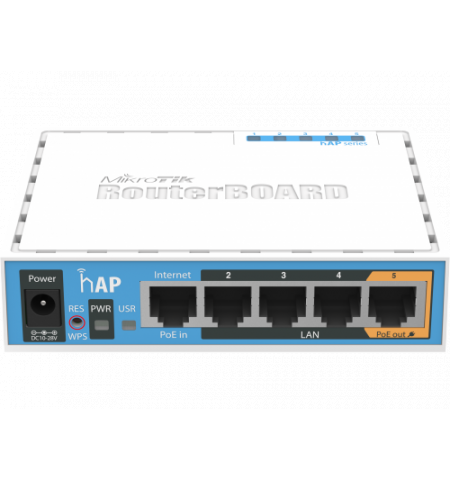 MikroTik RouterBOARD hAP,  Wireless Router, 2.4GHz Dual chain, AP/Bridge/Station/WDS, 802.11b/g/n, 1 WAN + 4 LAN, USB port for 3G/4G modem, internal a