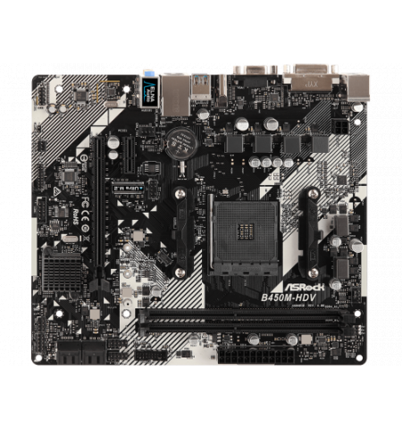 MB ASRock B450M-HDV R4.0, Socket AM4, AMD B450, CPU up 105W, Dual 2xDDR4-3200+, APU AMD graphics, VGA, DVI, HDMI, 4xSATA3, 1x Ultra M2, 1xPCIe 3.0 X16