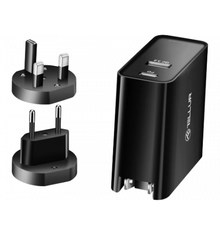 Universal Home Charger Tellur Powerful Duo 48W, 1 x Type-C (PD 3.0)  30W, 1 x USB QC3.0 18W, Input: 100/240V, Black  TLL151271