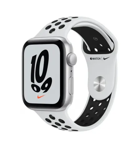 Ceas inteligent Apple Watch SE MKQ73, 44mm, Carcasa din aluminiu cu banda sportiva Pure Platinum/Black Nike Band