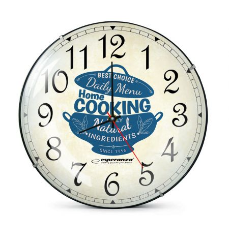 Clock Wall Esperanza MARSEILLE  EHC018M White,  30 cm, (text: Home Cooking), plastic frame, Quiet movement, hook for easy installation, Power: 1x AA b
