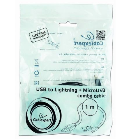 Cable USB2.0 combo (2 in 1) - 1m - Cablexpert CC-USB2-AMLM2-1m, USB 2.0 A-plug to 8-pin male connector (for Iphone) + male MicroUSB connector Cable USB2.0 combo (2 in 1) - 1m - Cablexpert CC-USB2-AMLM2-1m, USB 2.0 A-plug to 8-pin male connector (for Iphone) + male MicroUSB connector