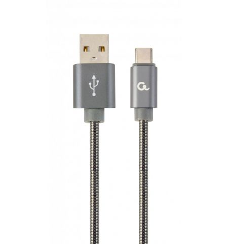 Cable USB2.0/Type-C - 1m - Cablexpert CC-USB2S-AMCM-1M-BG, Premium spiral metal Type-C USB charging and data cable, USB 2.0 A-plug to type-C plug, up to 480 Mb/s, cotton braided, blister, grey Cable USB2.0/Type-C - 1m - Cablexpert CC-USB2S-AMCM-1M-BG, Premium spiral metal Type-C USB charging and data cable, USB 2.0 A-plug to type-C plug, up to 480 Mb/s, cotton braided, blister, grey