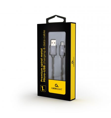 Cable USB2.0/Micro-USB - 1m - Cablexpert CC-USB2S-AMmBM-1M-BG, Premium spiral metal Micro-USB charging and data cable, USB 2.0 A-plug to Micro-USB plug, up to 480 Mb/s, cotton braided, blister, grey Cable USB2.0/Micro-USB - 1m - Cablexpert CC-USB2S-AMmBM-1M-BG, Premium spiral metal Micro-USB charging and data cable, USB 2.0 A-plug to Micro-USB plug, up to 480 Mb/s, cotton braided, blister, grey