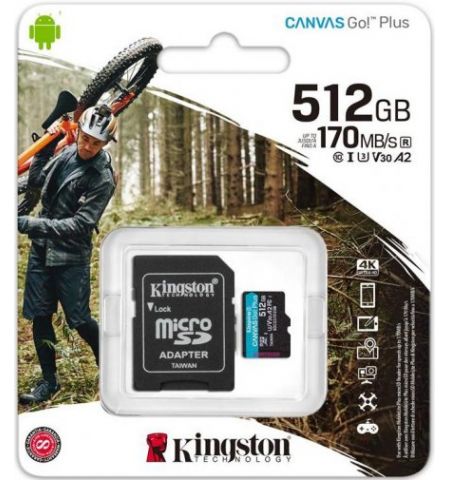 512GB microSD Class10 A2 UHS-I U3 (V30) Kingston Canvas Go! Plus, Ultimate, Read: 170Mb/s, Write: 90Mb/s, Ideal for Android mobile devices, action cams, drones and 4K video production 512GB microSD Class10 A2 UHS-I U3 (V30) Kingston Canvas Go! Plus, Ultimate, Read: 170Mb/s, Write: 90Mb/s, Ideal for Android mobile devices, action cams, drones and 4K video production