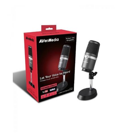 AverMedia USB Microphone - AM310: Uni-directional condenser microphone, Polar pattern: Cardioid, Sample/Bit rate: 48KHz/16bit, Sensitivity: -60 ± 5 dB, Frequency response: 20Hz ~ 20kHz, USB 2.0 Plug&Play