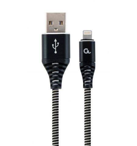 Cable USB2.0/8-pin (Lightning) Premium cotton braided - 2m - Cablexpert CC-USB2B-AMLM-2M-BW, Black/White, USB 2.0 A-plug to 8-pin, blister
