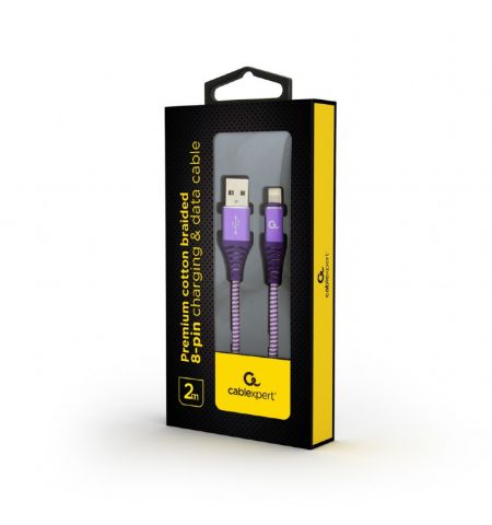 Cable USB2.0/8-pin (Lightning) Premium cotton braided - 2m - Cablexpert CC-USB2B-AMLM-2M-PW, Purple/White, USB 2.0 A-plug to 8-pin, blister Cable USB2.0/8-pin (Lightning) Premium cotton braided - 2m - Cablexpert CC-USB2B-AMLM-2M-PW, Purple/White, USB 2.0 A-plug to 8-pin, blister
