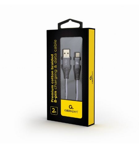 Cable USB2.0/8-pin (Lightning) Premium cotton braided - 2m - Cablexpert CC-USB2B-AMLM-2M-WB2, Spacegrey/White, USB 2.0 A-plug to 8-pin, blister Cable USB2.0/8-pin (Lightning) Premium cotton braided - 2m - Cablexpert CC-USB2B-AMLM-2M-WB2, Spacegrey/White, USB 2.0 A-plug to 8-pin, blister